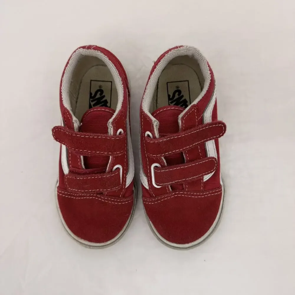 Vans Old Skool V Toddler Size 9.0 Red Hook & Loop Canvas Suede Sneakers Shoes
